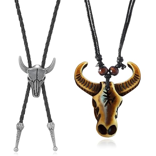 WCRAZYE 2 collares de vaquero occidental para hombres y mujeres, bohemios con forma de cabeza de buey con forma de vaca, collar étnico vintage de cabeza de toro, Medium, Resina, No es una piedra