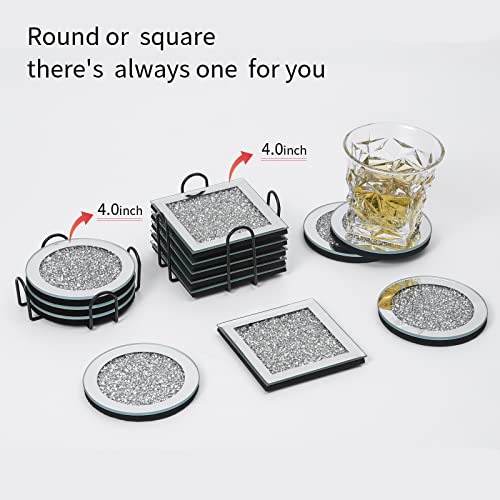 Toptotoo Mirrored Crystal Glass Coasters For Drink Crushed Diamond Decor Cup Coasters Set Of 4,Square Personalized Coasters With Holder For Wooden Coffee Table (4 X 4 Inch) #TOP1