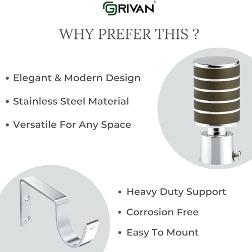 Image of GRIVAN Stainless Steel Wooden Finish Curtain Bracket Parda Holder with Support 1 Inch Rod Pocket Finials Designer Door and Window Rod Support Fittings, Curtain Rod Holder (Wooden Finsh Pair of 6)