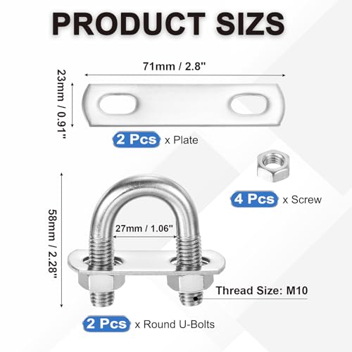 Image of PATIKIL Round U-Bolts, 2 Pcs 1.06 inch(27mm) Inner Width 58mm Length M10 with Nut Plate Washer 304 Stainless Steel Round Bend U-Bolts for Boat Trailer Axle Sailboat