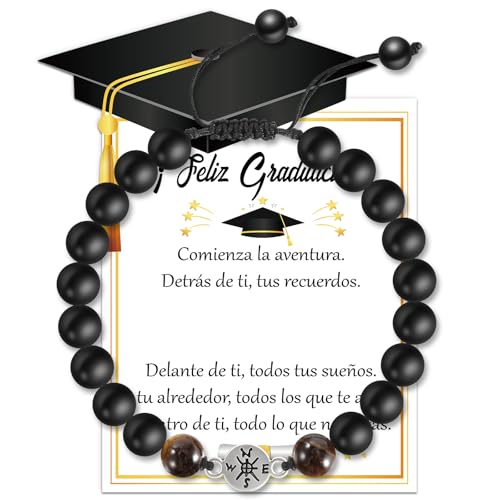 DPKOW 2025 Regalo de Graduación Pulsera de Brújula con Cuentas de Piedra Natural Negra, Tarjeta de Graduación Español, Regalos de Graduacion Universitaria Bachillerato Primaria para Hombres Niño