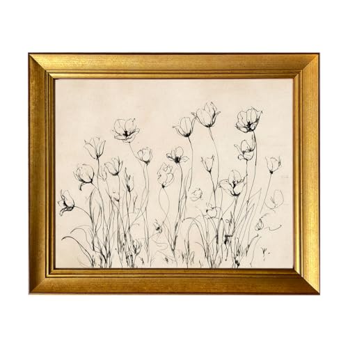 Vintage Gold Framed Tulip Flower Wall Art Minimalist Botanical Line Print Neutral Floral Sketch Painting Rustic Cottage Core Decor for Living Room Bedroom Bathroom