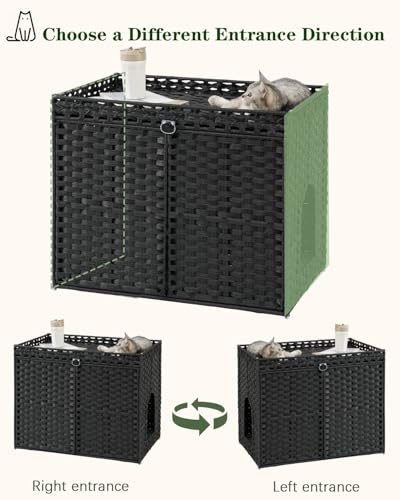 Image of SETVSON Cat Litter Box Enclosure Furniture, Hidden Litter Box, Cat Litter Box Cabinet with 2 Litter Mats, Handwoven Rattan Large Space Cat House, Indoor for Living Room, Bedroom, Apartment Black