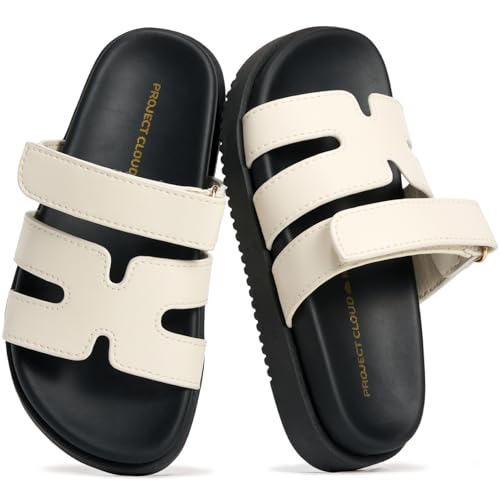 Project Cloud Girls Sandals - 100% Genuine Leather Sandals for Girls - Stylish Girls Footwear with Plush Soft Insole - Non-Slip Water-Resistant Beach Slides for Girls Kids Sandals (Mayvy White Leather 3K)