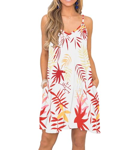 Image of Women's Summer Spaghetti Strap Casual Swing Tank Beach Cover Up Dress with Pockets