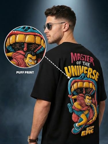Image of Veirdo Men's Oversized Heavy 240 GSM Cotton T-Shirt | Round Neck | Graphic Puff Print | Relaxed Fit | Drop Shoulder | Casual Summer Wear