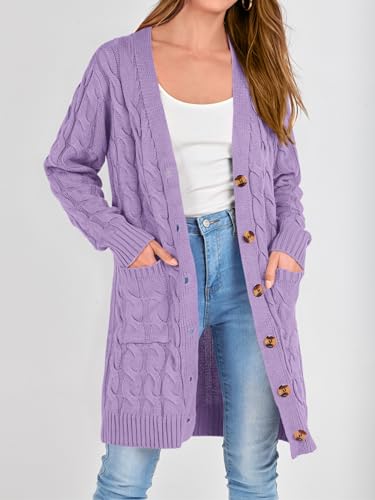 Image of PRETTYGARDEN Long Sleeve Cable Knit Long Cardigan for Women 2026 Spring Winter Chunky Open Front Button Sweaters with Pockets