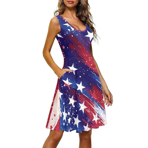 Image of Women's Casual Loose Sundress Midi Sleeveless Crewneck Dress Summer Beach Tank Dress with Pockets