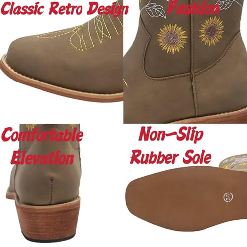 Womens Sunflower Embroidered Low Chunky Heel Mid Calf Boots Fashion Square Toe Pull On Cowboy Cowgirl Boots Winter Walking Western Boots2