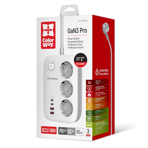 ColorWay GaN3 Pro Bloc multiprise, 3 prises, 4 ports USB, câble de 2 m, QC3.0 et PD3.0, 65 W, blanc