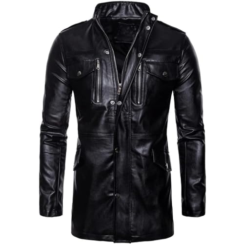 Men's Mid-Length Locomotive Genuine Black Leather Jacket Vintage WW2 German Military Classic Long Parka Trench Coat3