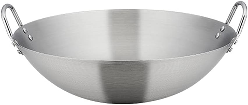 Thickened Round Bottom Double Ear Wok Made of Stainless Steel 30cm-47cm Modern Simplicity Non-Magnetic Uncoated Wok Heat Evenly Suitable for Home/Hotel/Restaurant/Commercial