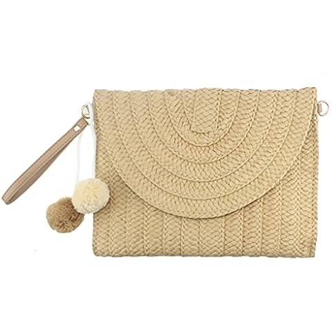Crossbody Bag Wristlet Clutch for Women, Medium Straw Purse for Summer Beach, Wallet Shoulder/Handbags, Khaki, M Cover