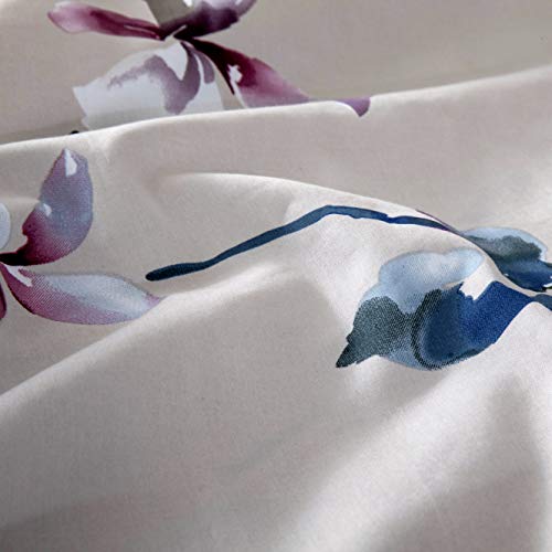 Eikei Modern Watercolor Flowers Print Duvet Quilt Cover 3Pc Set Lilac Orchid Magnolia Blossom Leaf Branches Cotton Sateen 300Tc Luxury Floral Bedding (Twin, Beige) #TOP2