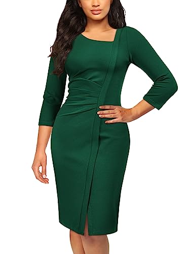 Image of AISIZE Women's Retro 3 /4 Sleeve Ruched Elegant Business Pencil Sheath Dress