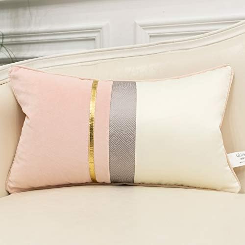 Avigers 12 x 20 Inches Pink White Gold Leather Striped Patchwork Velvet Cushion Case Luxury Modern Throw Pillow Cover Decorative Pillow for Couch Living Room Bedroom Car