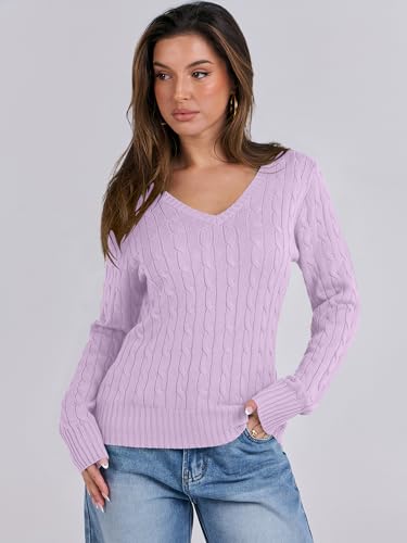 Image of ANRABESS Women's Cable Knit V Neck Fitted Sweaters
