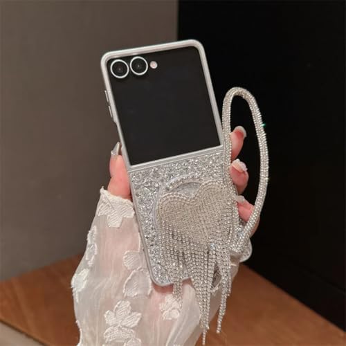 Coque pour Galaxy Z Flip5 à cordon cœur et pompon diamant, l'accessoire chic de vos sorties