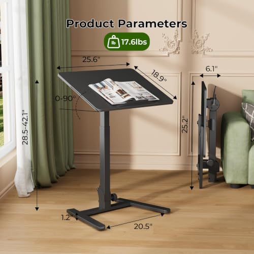 Image of Gibbon Mounts Foldable Standing Desk,Small Mobile Sit-Stand Desk with 90 Tiltable Top,Rolling Rising Laptop Workstation Adjustable Height,Portable Table on Hidden Wheels /4 Lockable Casters,Black