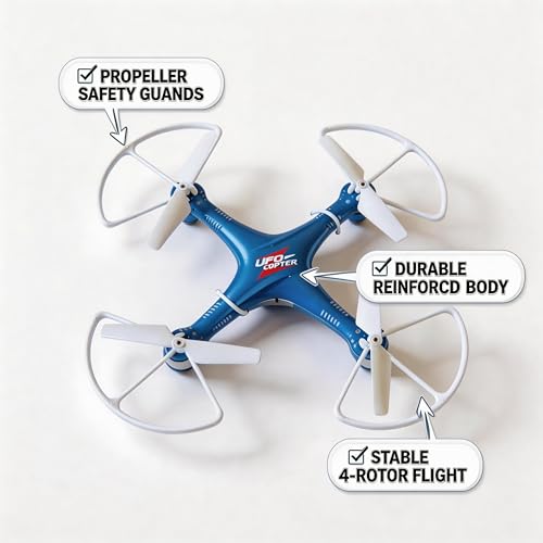 Image of UFO Copter RC Drone for Kids & Beginners | 6-axis gyroscope | 4-Axis Quadcopter with Propeller Guards | Stable Flight, Lightweight Design | Auto Return | Indoor & Outdoor Toy Drone (Blue & White)