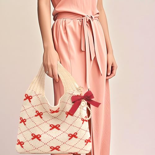 Image of JeVenis Pink Crochet Tote Coquette Bow Aesthetic Hobo Bag for Women Beach Mesh Knitted Shoulder Bag Boho Shoulder Handbag