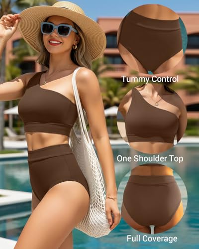 Image of Holipick Women One Shoulder High Waisted Bikini Sets Two Piece Swimsuit Tummy Control Bathing Suit Full Coverage Swimwear