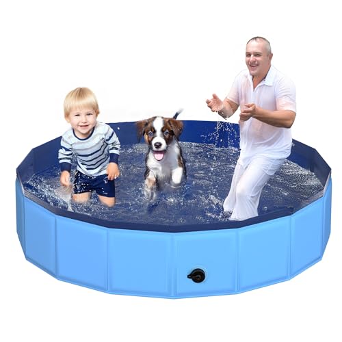 Image of CACSPS 71 inch x 12 inch Foldable Dog Pool - Collapsible Hard Plastic Kiddie Pool for Dogs & Kids, Non-Slip Pet Bath Tub for Outdoor Backyard Use, Lightweight & Portable (Blue)