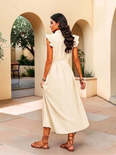 Image of OOMPH! Women's Shirt Midi Dress | Ruffle Sleeves | Button-Down Front | Waist Belt Detail | Collared Neck Casual & Vacation Dress