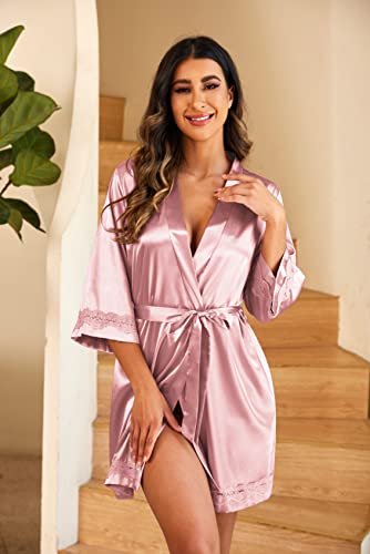 Ekouaer Women Lace-Trim Kimono Style Bathrobe Silky Sexy And Loose Satin Short Robe For Wife #TOP2