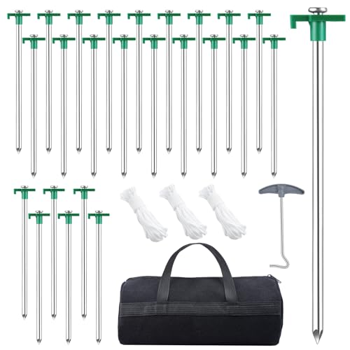 Jeffbaubl 24 Pack Tent Stakes Heavy Duty, 9.8 Inch Camping Stakes, Non-Rust Metal Tent Pegs with 12 Pcs Rope and Storage Bags, Ground Stakes Tent Spikes for Camping Garden Outdoor Travel (Green)