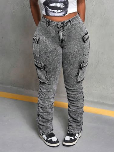 Women's High Waist Cargo Jeans, Acid Wash Ruched Stacked Design, Multi-Pocket4