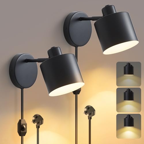 Image of Glowlit Plug in Wall Lights for Bedroom Set of 2, Plug in Wall Lamp with Switch Dimmable, 360° Rotatable Wall Lighting Fixtures for Living Room Hallway, E27 Base, 1.8m Cable, Black (Bulb Not Included)