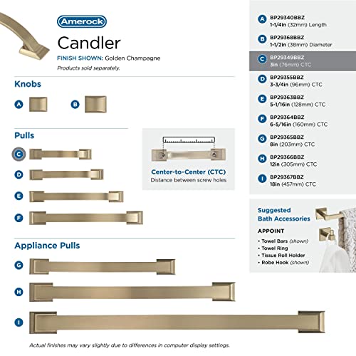 Image of Amerock | Cabinet Pull | Golden Champagne | 3 inch (76 mm) Center to Center | Candler | 1 Pack | Drawer Pull | Drawer Handle | Cabinet Hardware