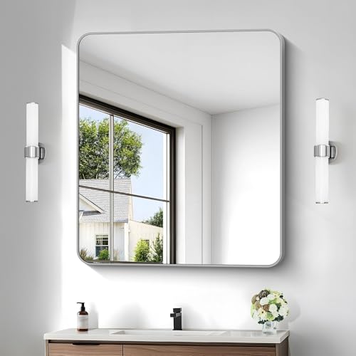Image of 36x40 Inch Silver Bathroom Mirror, Metal Framed Silver Rectangle Mirrors, Rounded Rectangular Vanity Mirror, Wall Mounted Mirrors for Living Room Bedroom Entryway Hangs Horizontal or Vertical