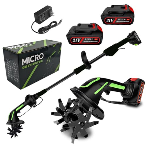 Motoazada Electrica Sin Cable, 21V 2 en 1 Motocultor Electrico, Anchura/Profundidad de Trabajo 10 cm, 235RPM Portátil Motoazada con Baterías para Huerto, Jardín, Cultura