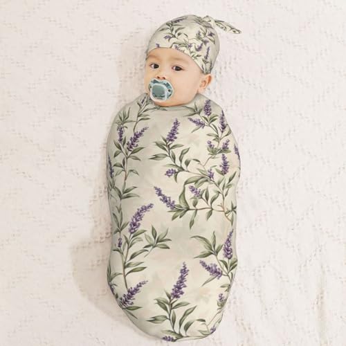 Image of Vintage Lavender Florals Ornament Newborn Swaddle Blankets Hat Sets Soft Baby Receiving Blanket Swaddle Sack for Baby Shower Infant Boy Girl Gift