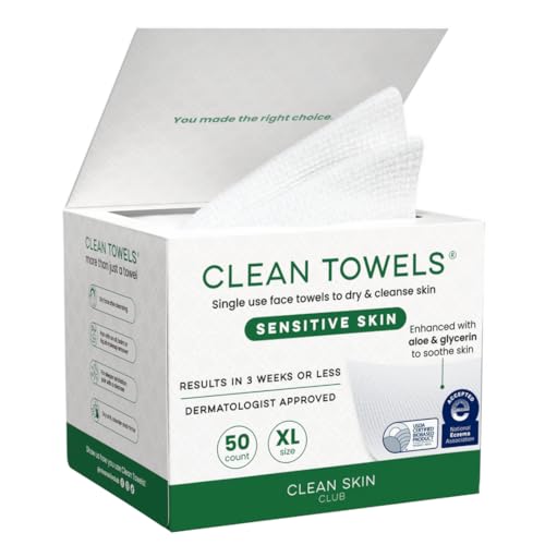 Clean Skin Club Clean Towels® XL Sensitive Skin | Ultra-Soft Disposable Face Towels Infused with Aloe & Glycerin | Dermatologist-Approved Towels for Sensitive Skin, Makeup Remover Dry Wipes, 50 count
