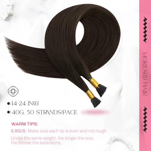 Image of Moresoo I Tip Hair Extensions Human Hair, Dark Brown, 18 Inch | 40g 50 strands, individual strand extensions, buildable volume, soft straight texture, fashion styling, photoshoots