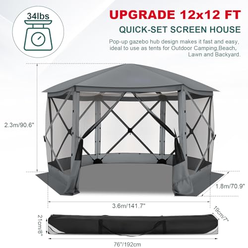 Image of COBIZI 12x12 FT Pop Up Canopy Stargazing Tent, Gazebos On Clearance with Removable Roof,Instant Screened in Gazebo, Screen Tents Portable carpas para Patio for Outdoor Camping,Backyard, Garden,Gray