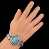 Gypsy Jewels Simulated Turquoise Western Style Silver Tone Unique Open Filigree Wide Statement Cuff Bracelet (Oval Frame)