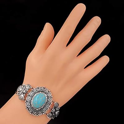 Gypsy Jewels Simulated Turquoise Western Style Silver Tone Unique Open Filigree Wide Statement Cuff Bracelet (Oval Frame)