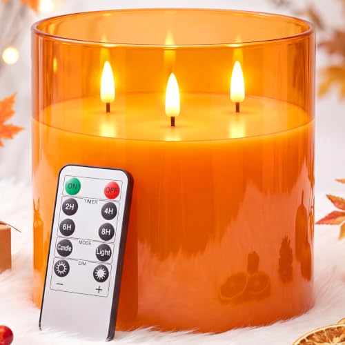 Image of Retisee 6'' x 6'' Extra Large Flameless Candles, 3 Wick Glass Large Fall Candles with Remote Control and Timer Function, Real Wax LED Pillar Flickering for Autumn Party Decor(Classic,Orange,1 Pcs)