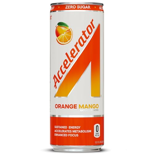Accelerator Active Energy Drink Sugar Free Zero Carbs, Orange Mango 12oz can(12 pack) Enhanced Focus & Sustained Energy from 100% Natural Caffeine (200mg), Ashwagandha, Coq10 & Green Tea Extract