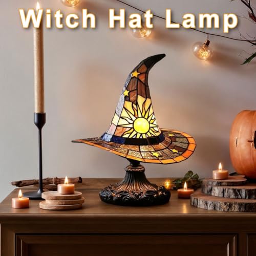 Image of Witch Hat Lamps, Handcrafted Stained Glass Resin Wizard Hat Light Gothic Table Lamp for Halloween Decor, Spooky Night Light for Bedroom and Indoor Parties, Unique Wiccan Gift