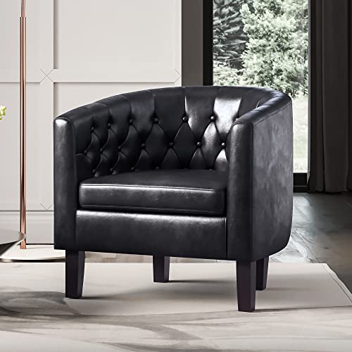 Image of BELLEZE Black Accent Chairs for Living Room, Elegant Arm Chair Upholstered Tufted Barrel Chair Club Chair for Bedroom with Sturdy Legs and Faux Leather - Berlinda (Black)