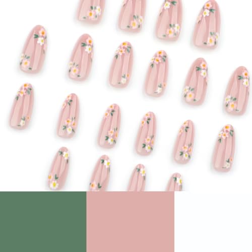 Image of Small Flower Press on Nails Nude Full Cover Fake Nails Medium Almond False Nails with Design Spring Summer Nail Reusable Artificial Acrylic Stick on Nails for Women Manicure 24Pcs