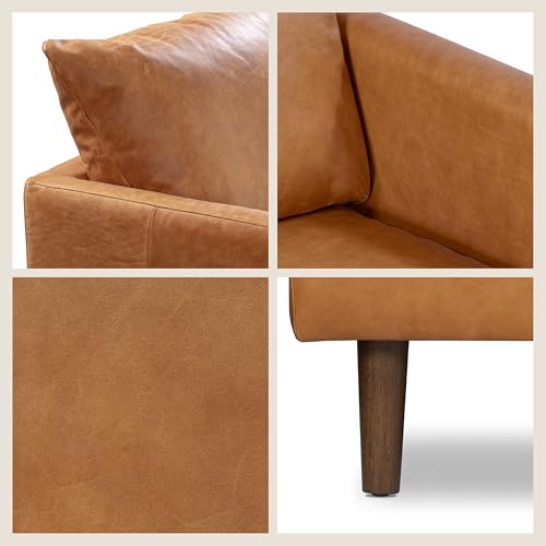 Image of POLY & BARK Girona 88 inch Sofa - Cognac Tan Full-Grain Pure-Aniline Italian Leather, Feather-Down Cushions, Kiln-Dried Solid Wood Frame, Walnut Legs
