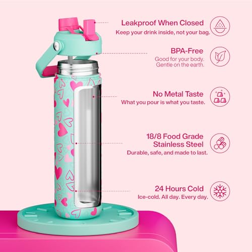 Image of ENCOOL Insulated Water Bottle with Straw Stainless Steel Water Bottle, Leak-Proof, BPA-Free, Keeps Cold for 24 Hours for Sports, Travel, School (26 oz, Sweet Hearts Pink x Mint)
