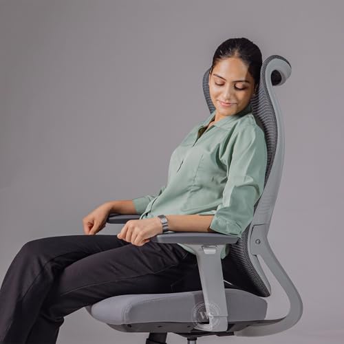 Image of Wooden Street Rowen Mesh Fabric Ergonomic High Back Office Chair | 2 Year Warranty | Breathable Mesh Upholstery, Moulded Foam Cushion Seat, Adjustable Reclining & Seat Sliding Metal Wheelbase (Grey)