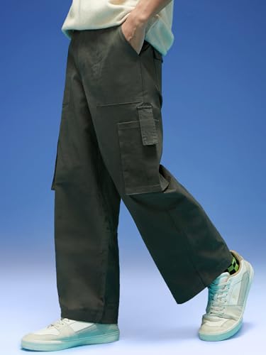 Image of Veirdo Baggy Fit with Button Closure Solid Lycra Woven Cargo Pants for Men (Colors: Beige, Black, Brown, Grey, Navy & Olive)